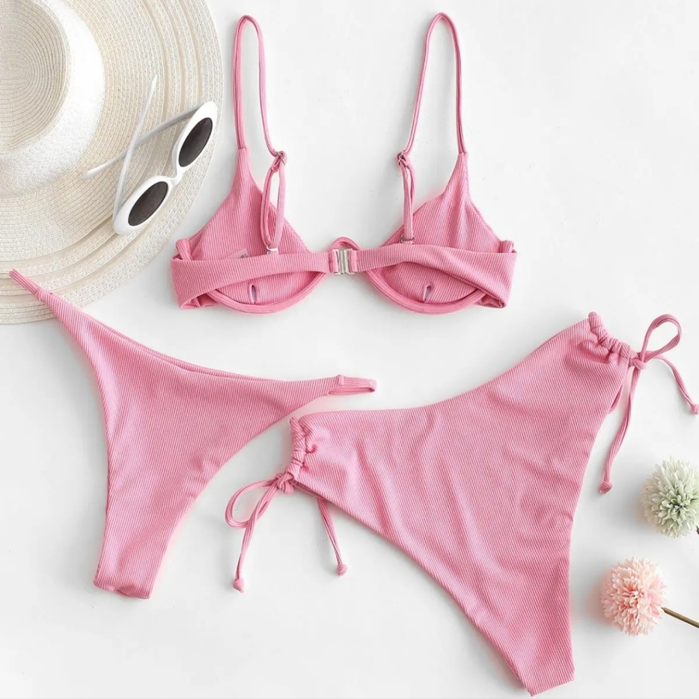 Pink Ribbed Bikini Three Piece Set - Picture 2 of 6